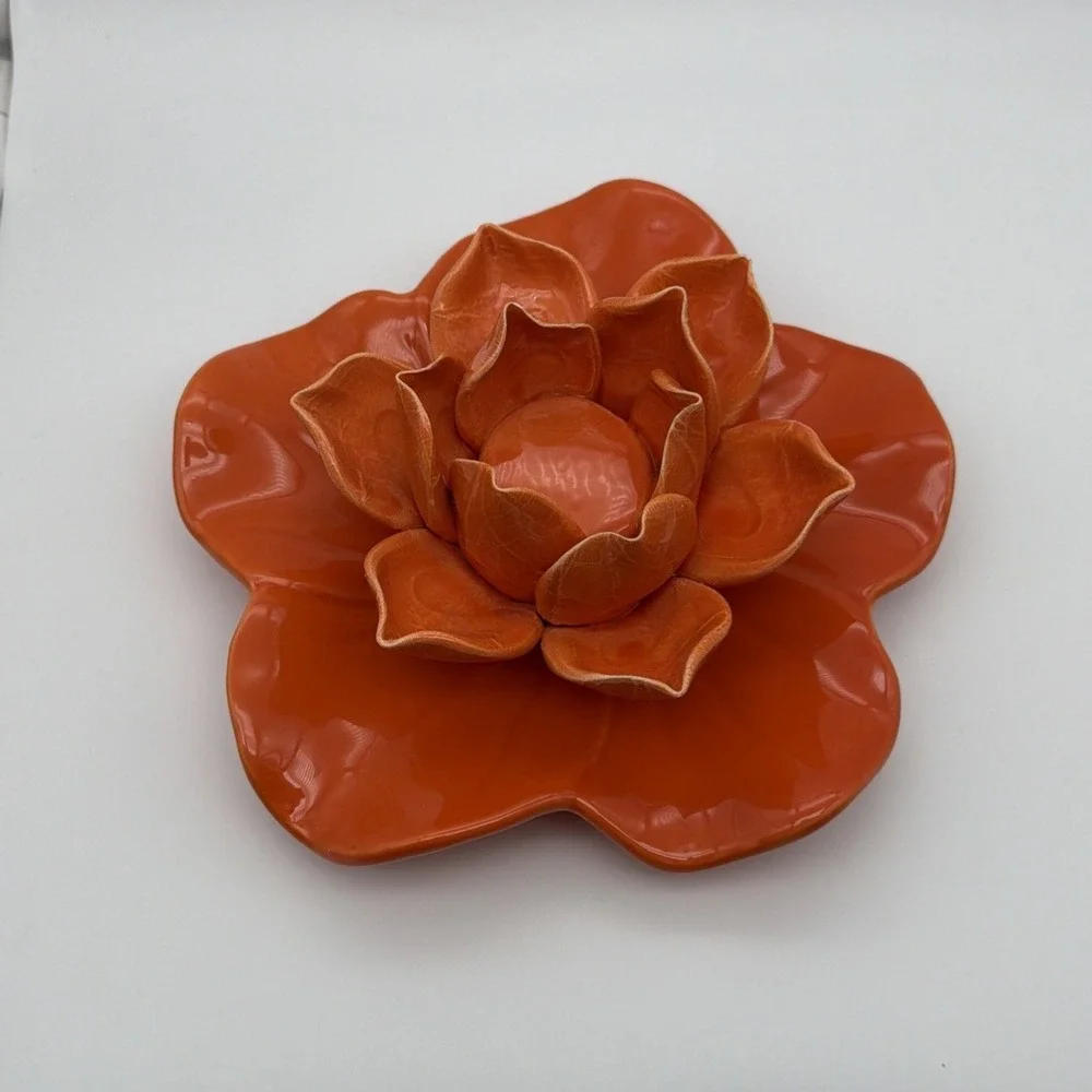 Large Ceramic Lotus Flower Candle Holder Tangerine